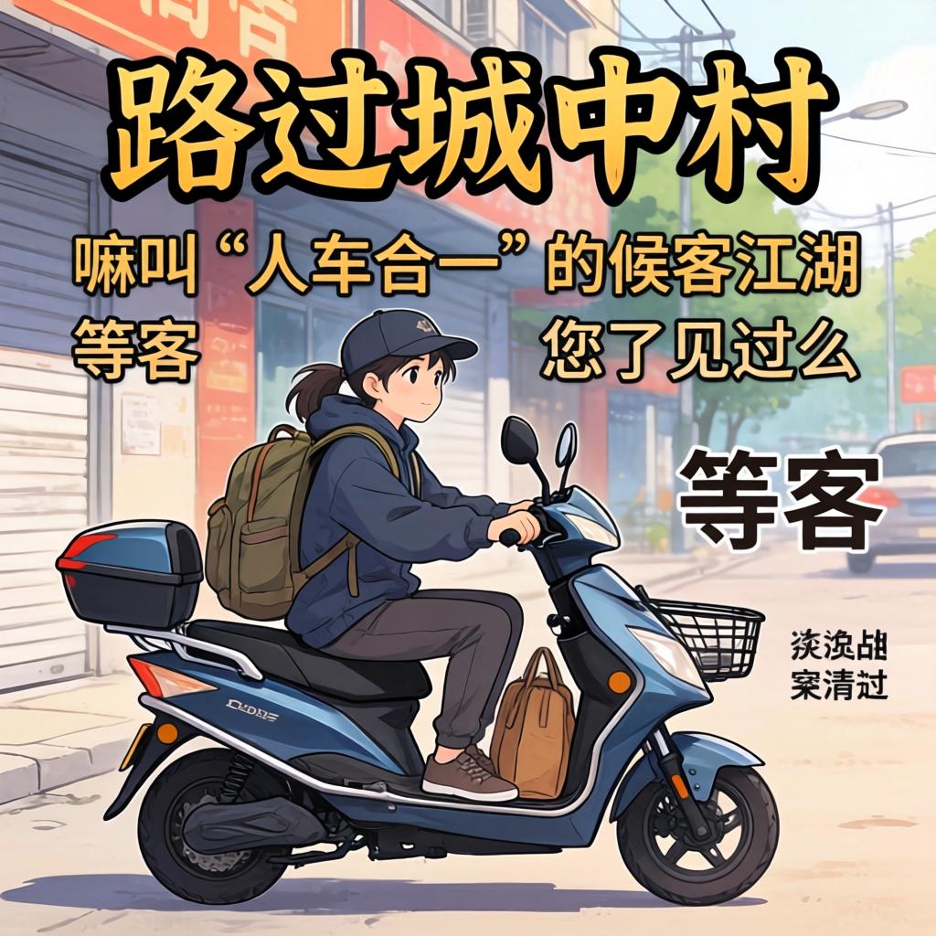 路过城中村偶遇坐在电动车等客，嘛接装人车合一”的候客江湖，您了见过么？